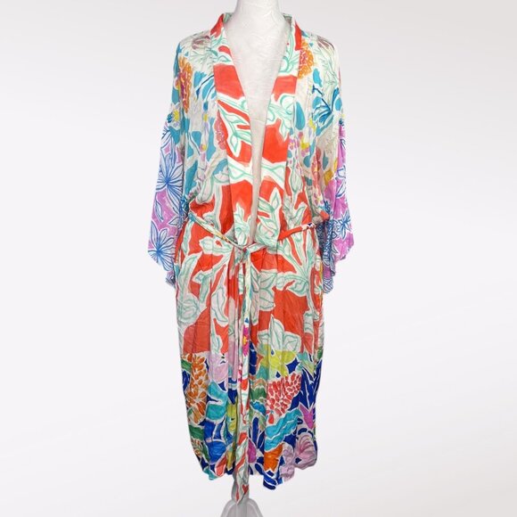 Anthropologie Sisters Gulassa Floral Kimono Robe Belted Boho Tropical Medium - Picture 2 of 9